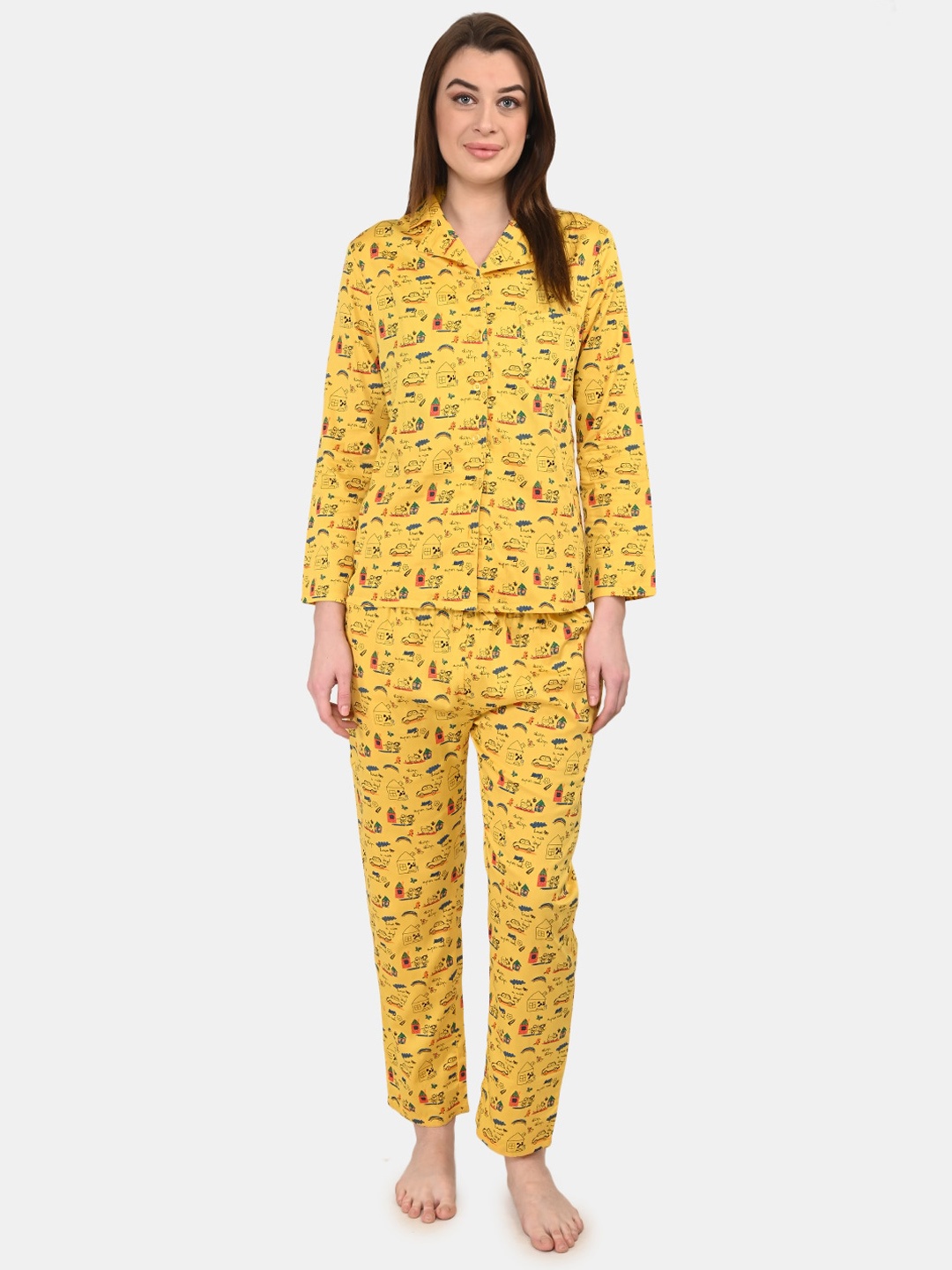 

BuckleUp Women 2 Pieces Conversational Printed Night Suit, Yellow