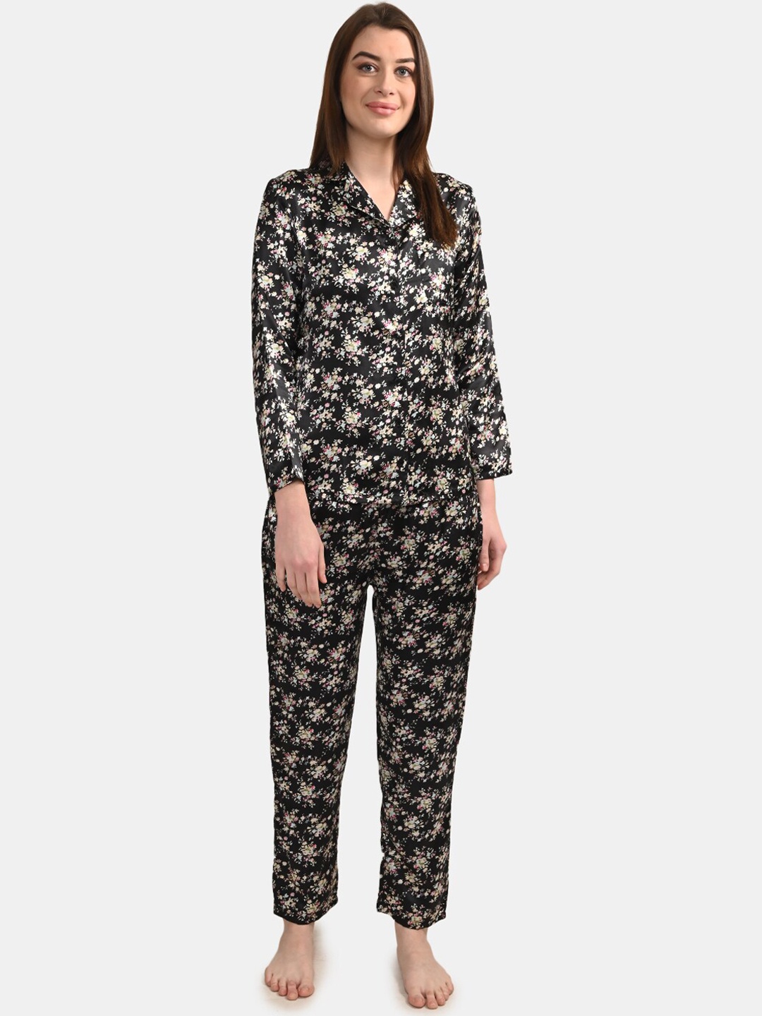 

BuckleUp Women 2 Pieces Floral Printed Night Suit, Black