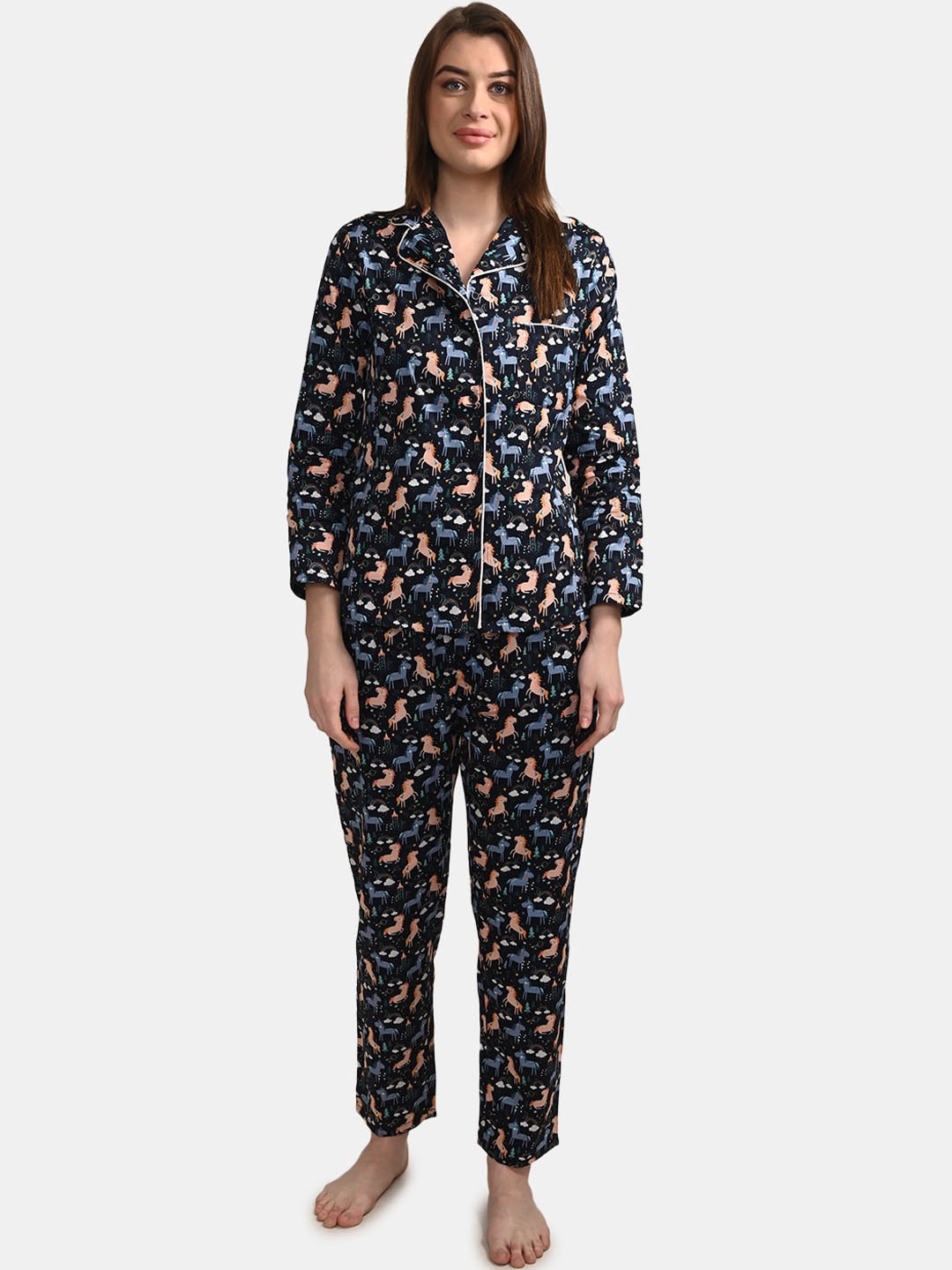 

BuckleUp Women 2 Pieces Floral Printed Night Suit, Navy blue