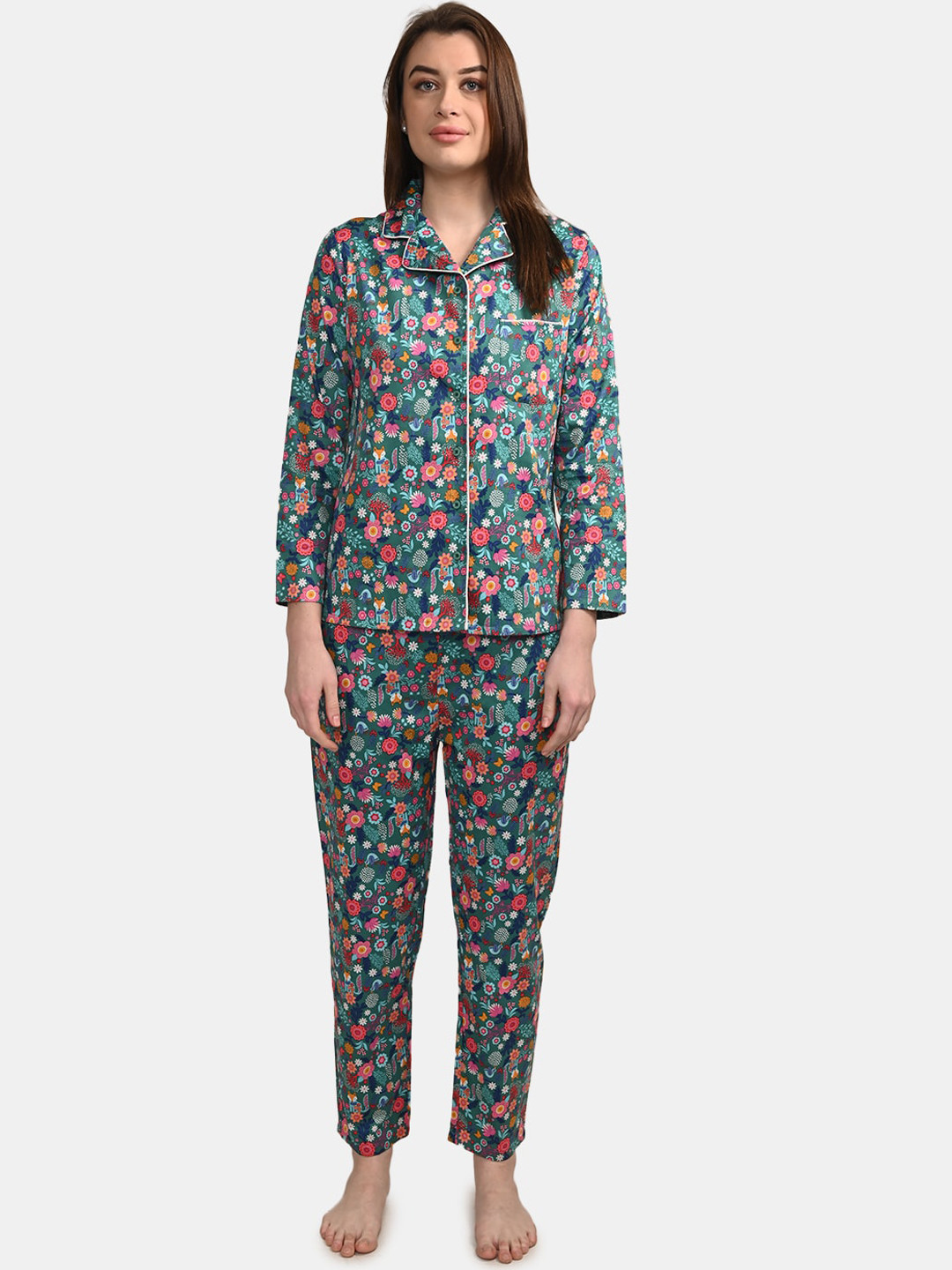 

BuckleUp Women 2 Pieces Floral Printed Night Suit, Green