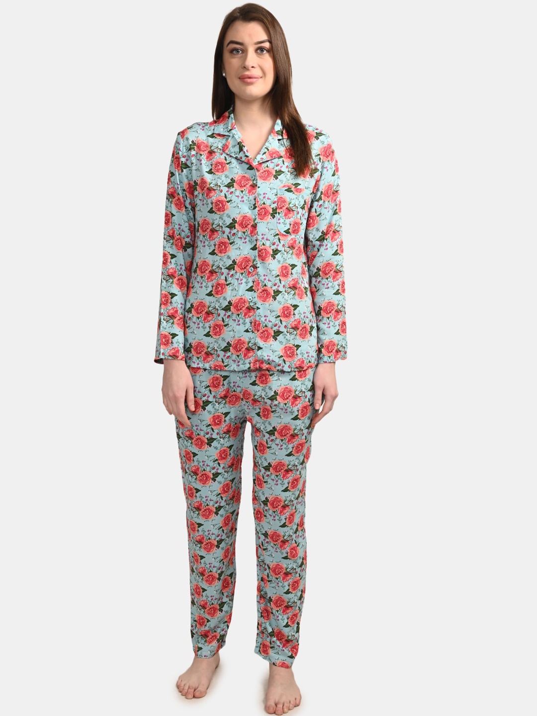 

BuckleUp Women 2 Pieces Floral Printed Night Suit, Blue