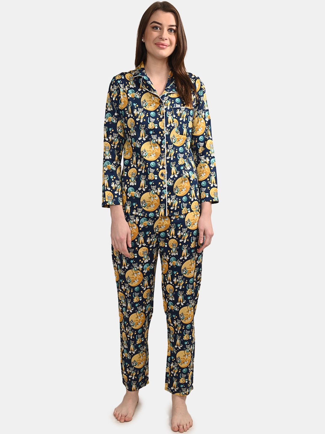 

BuckleUp Women 2 Pieces Printed Night Suit, Navy blue