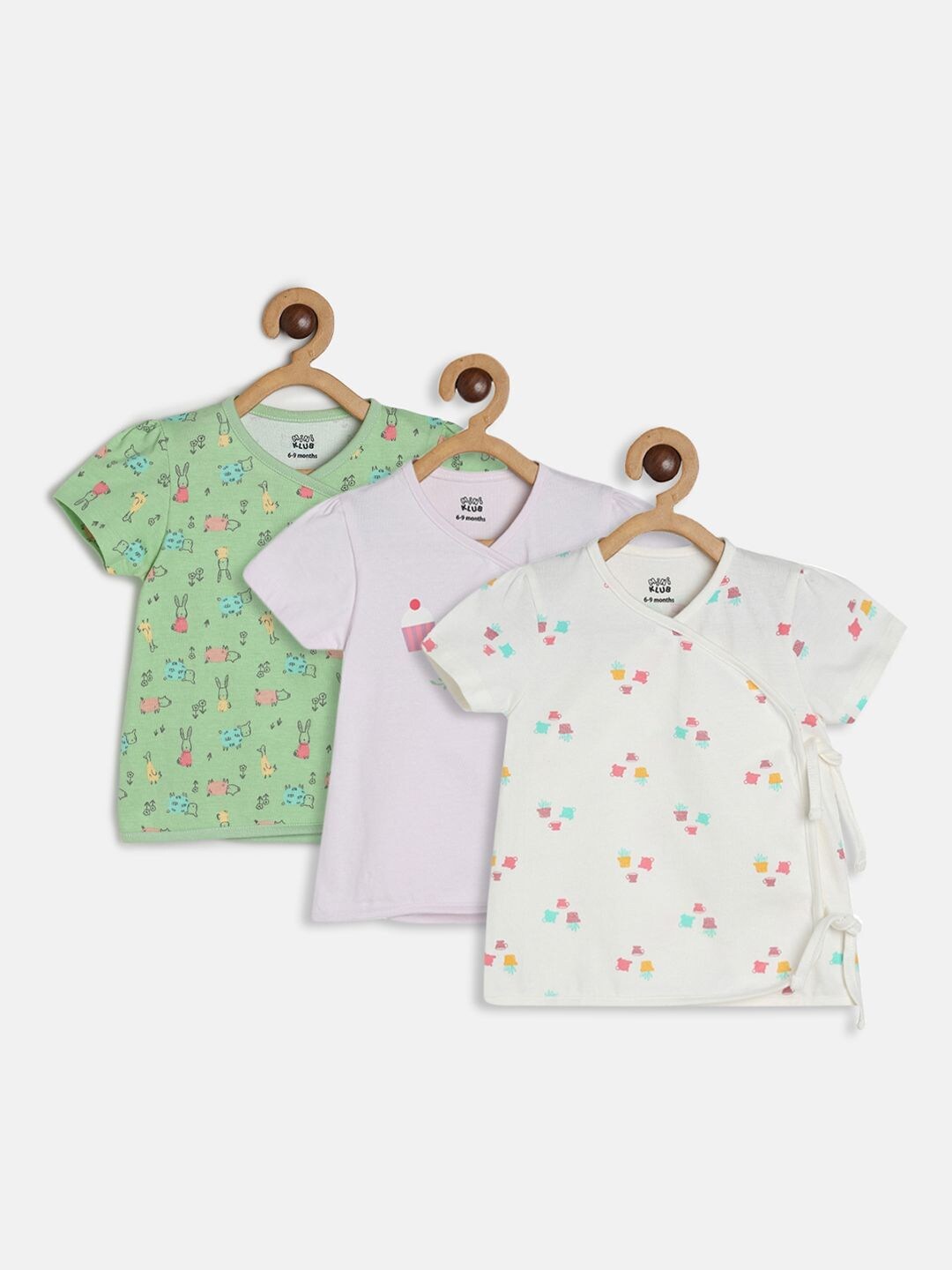 

MINI KLUB Infant Girls Pack Of 3 Printed Cotton Open-Front Jhabla, White