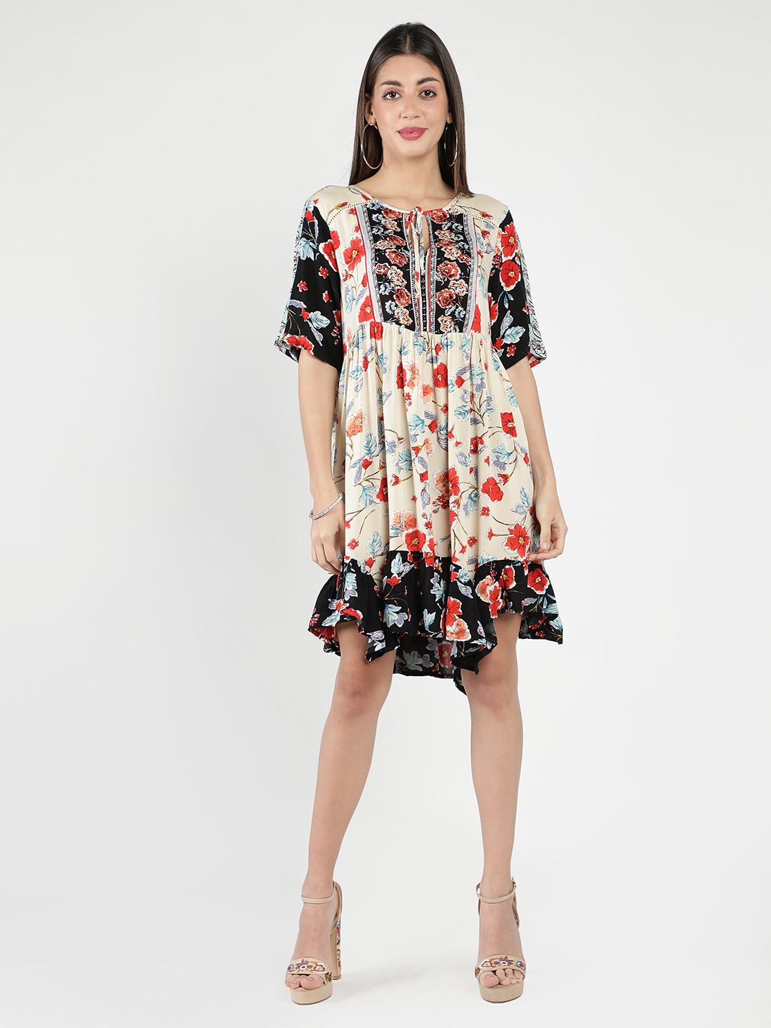 

DEBONATELLA Floral Tie-Up Neck Cotton Dress, White