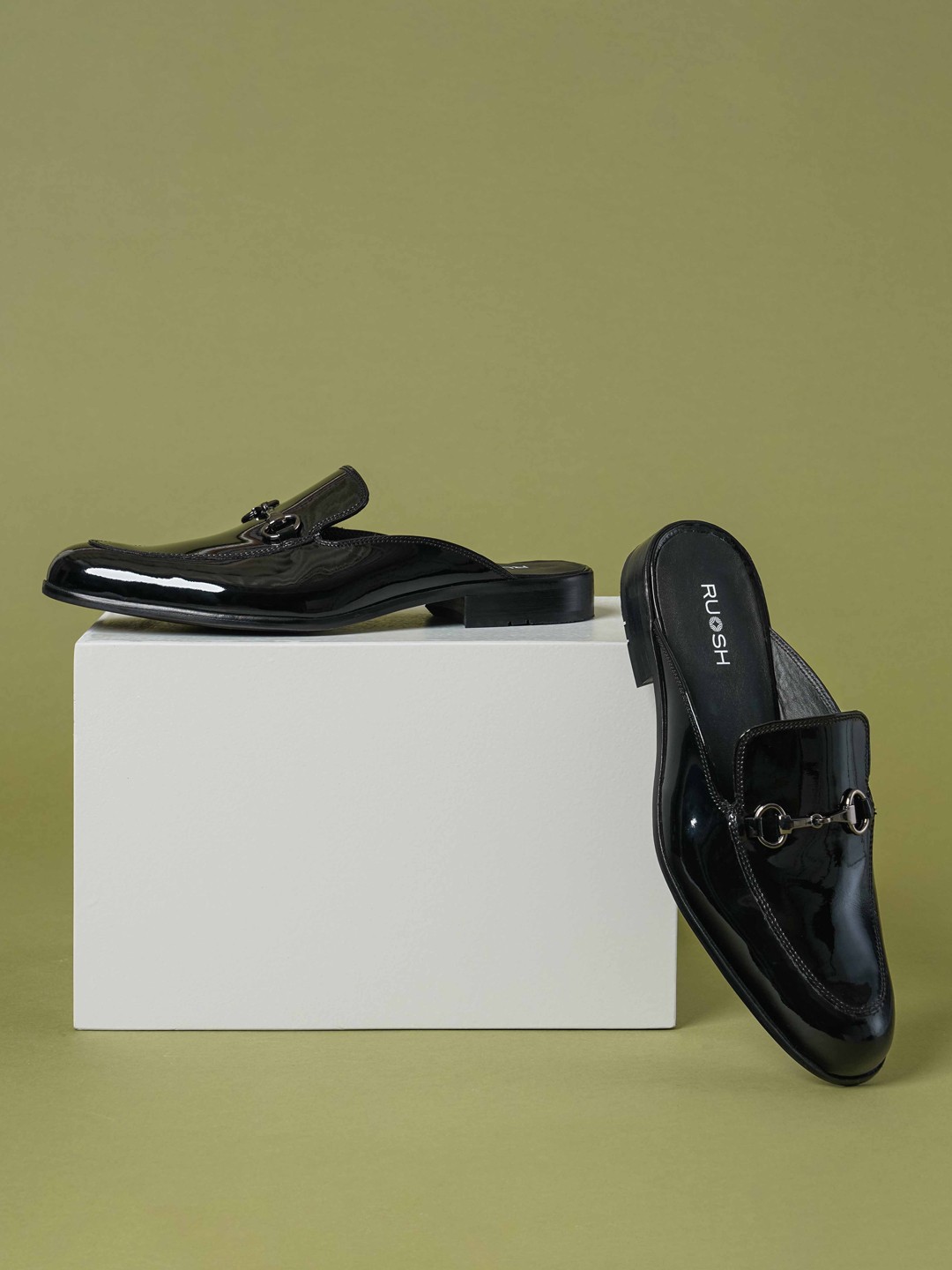 

Ruosh Men Leather Buckle Detail Mules, Black