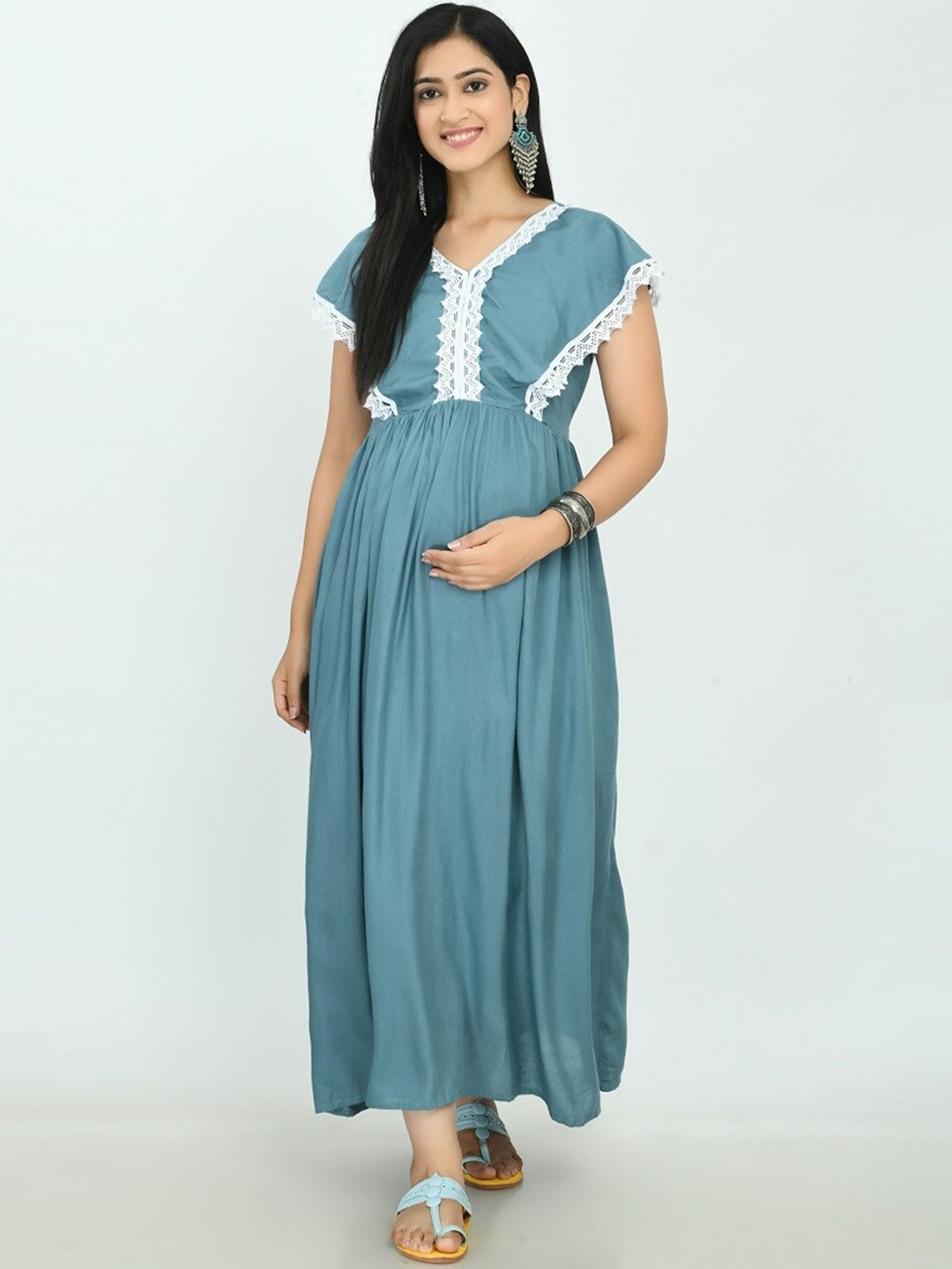 

KALINI Women Maternity Thread Work Anarkali Kurta, Blue