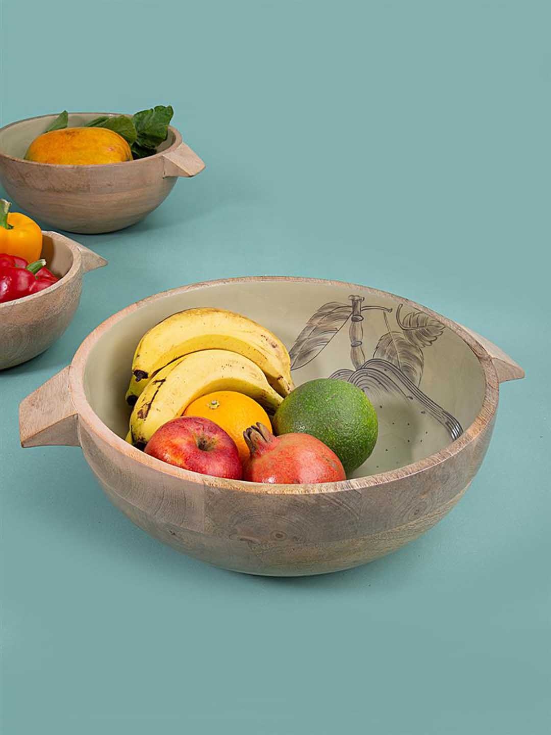 

ellementry Cream & Brown Pulp Printed Wooden Serving Bowl With Handle