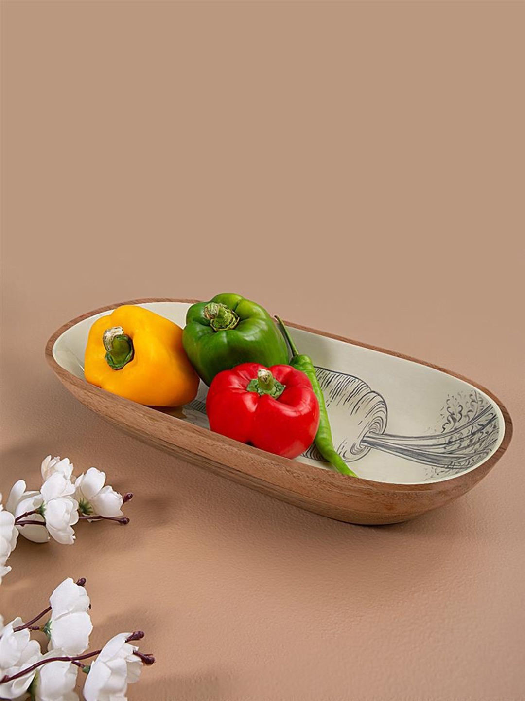 

ellementry Pulp Cream & Grey Printed Oval-Shaped Wooden Food platter