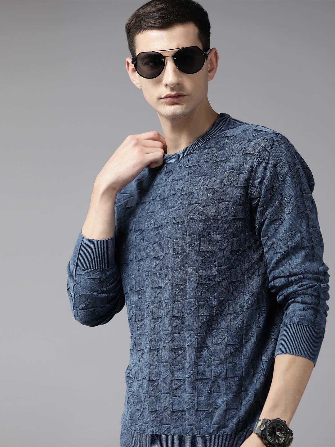 

Roadster Self Design Ribbed Pullover, Blue