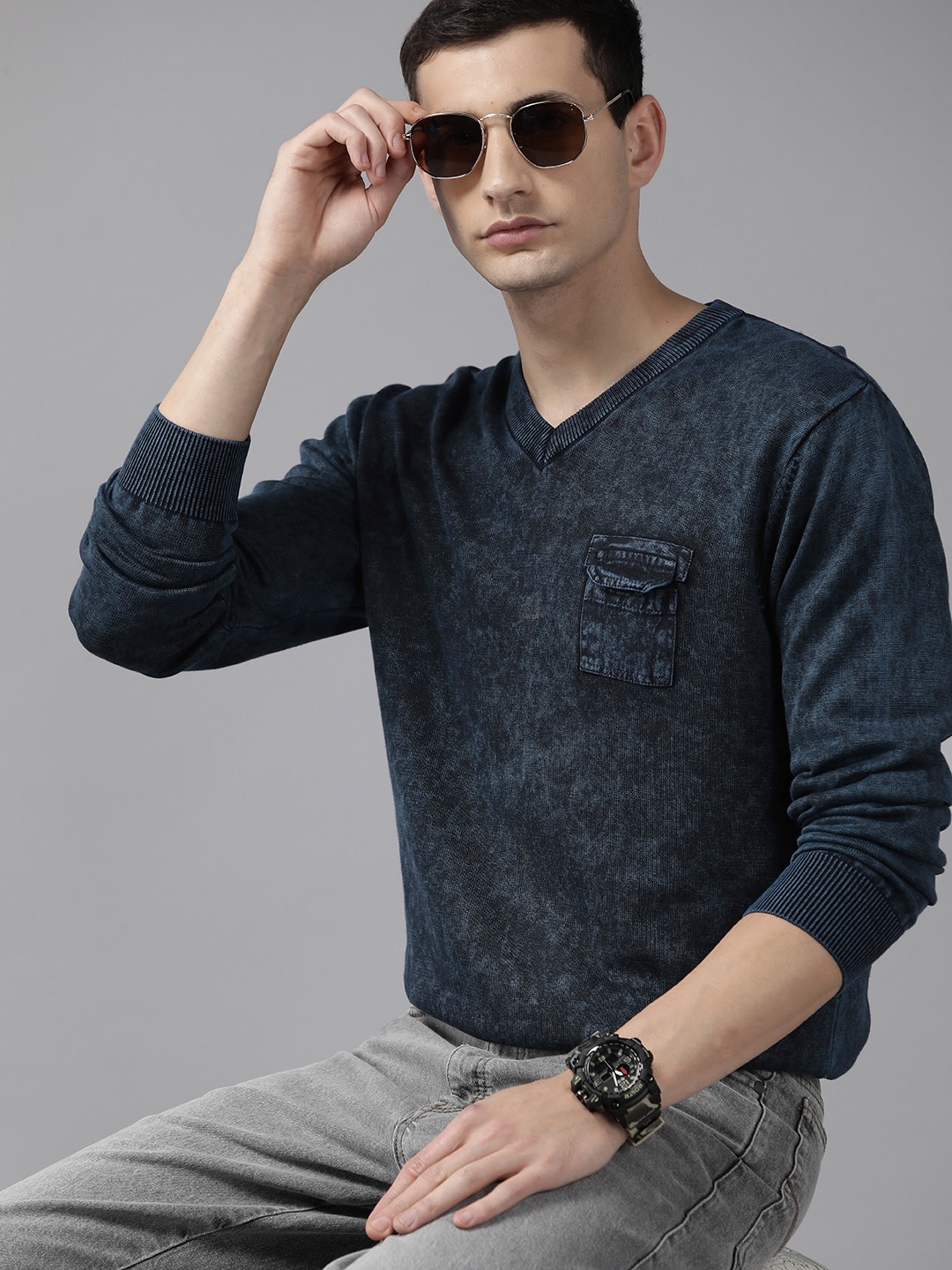 

Roadster Self Design Ribbed Pullover, Blue