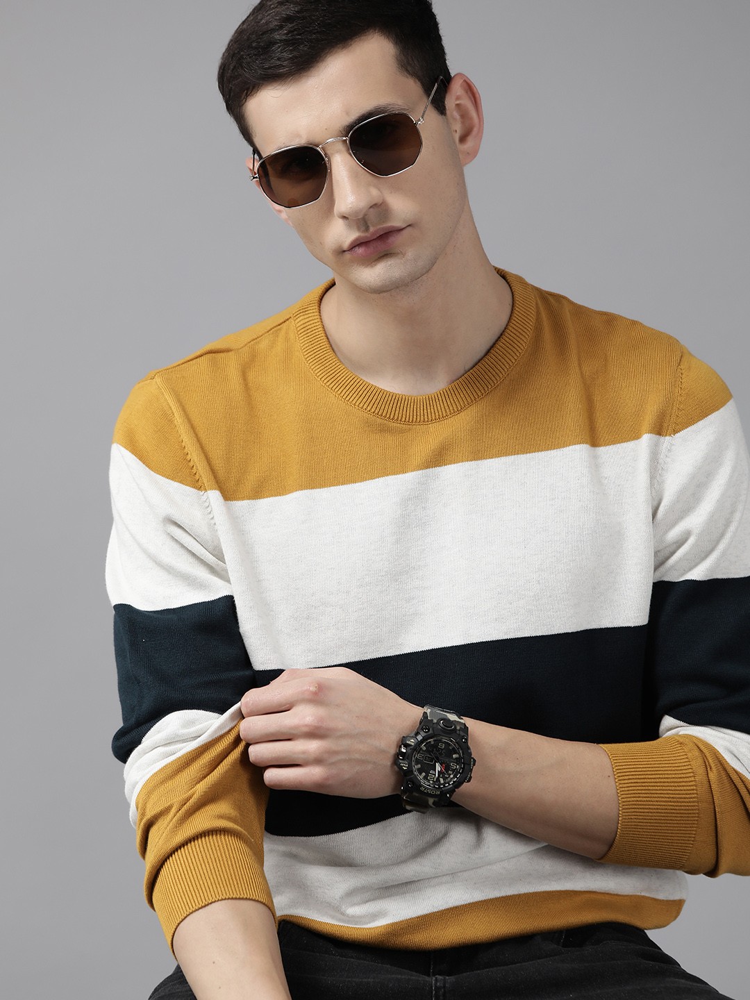 

Roadster Colourblocked Ribbed Pullover, Mustard