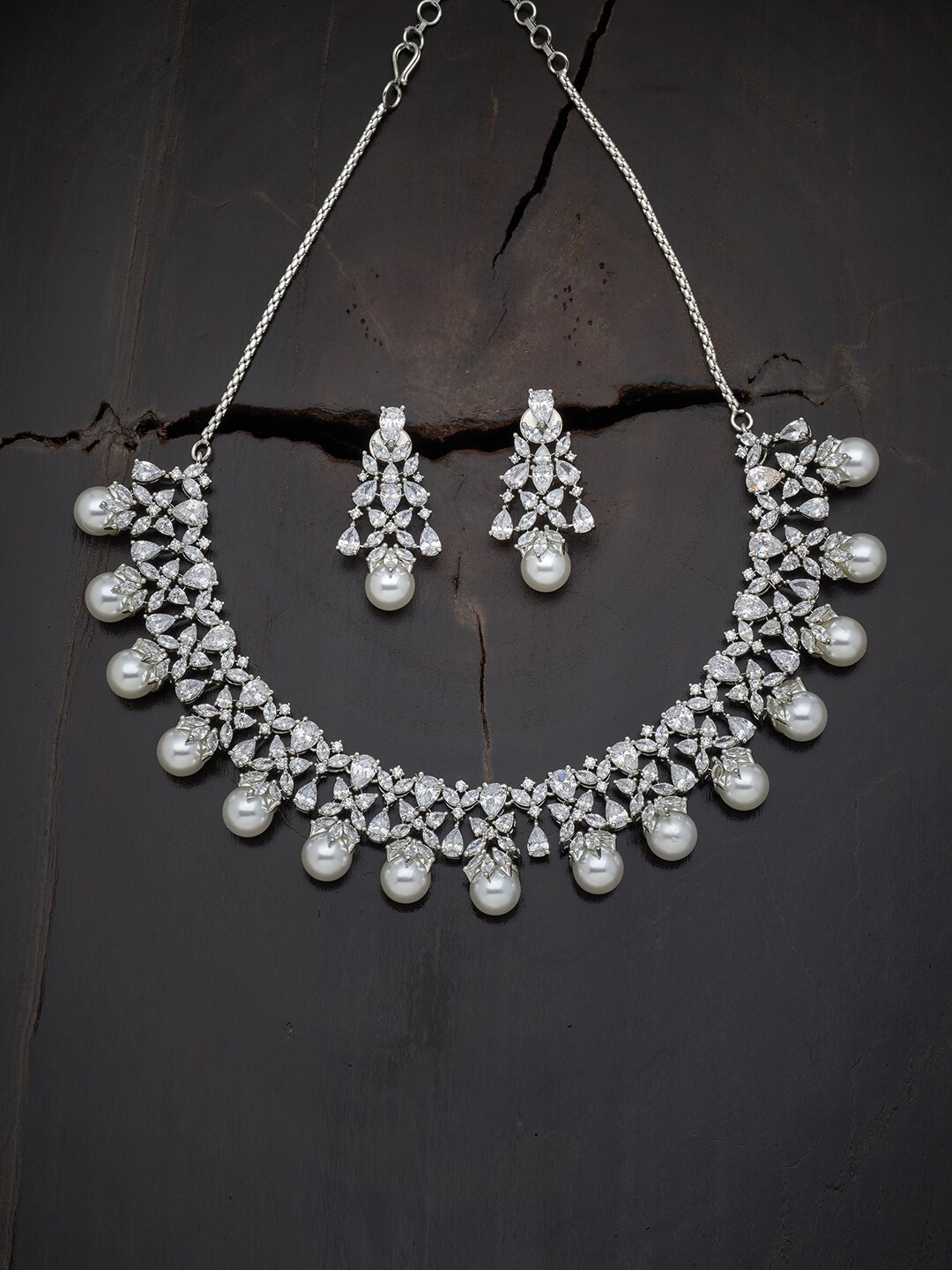 

Kushal's Fashion Jewellery Rhodium-Plated CZ-Studded & Beaded Jewellery Set, White