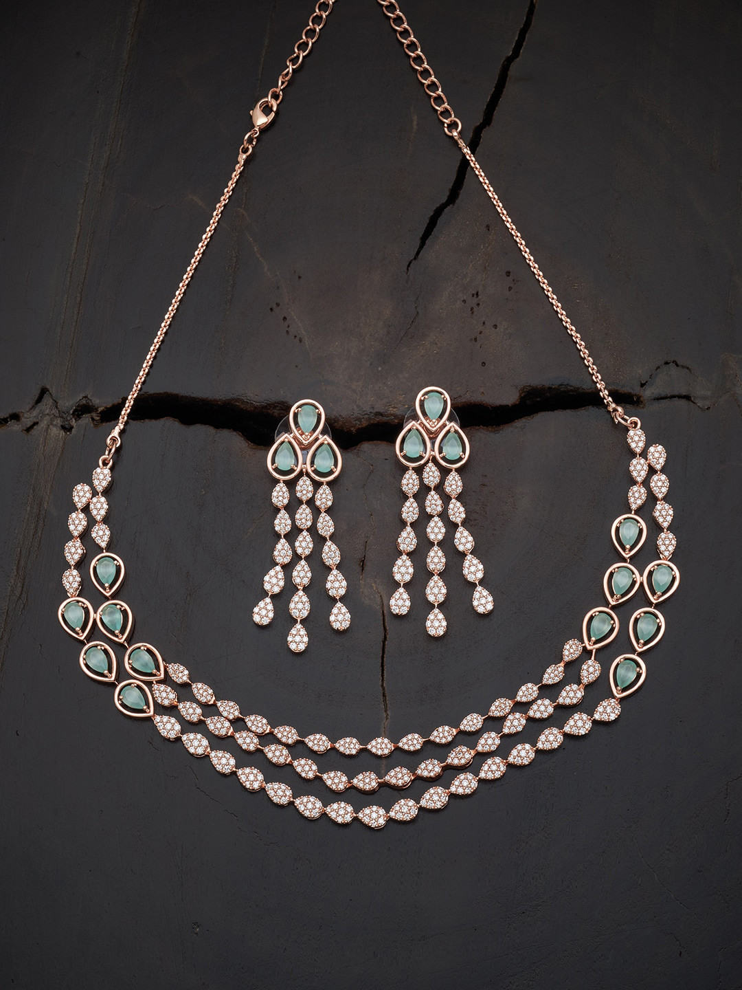 

Kushal's Fashion Jewellery Rose Gold-Plated Cubic Zirconia Studded Jewellery Set, Sea green