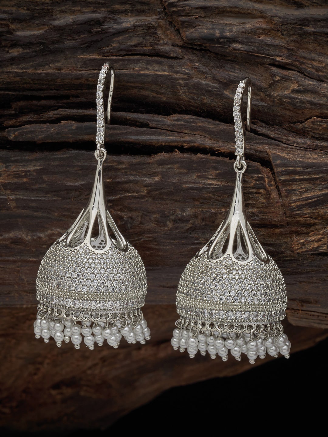 

Kushal's Fashion Jewellery Rhodium-Plated Dome Shaped Jhumkas Earrings, White
