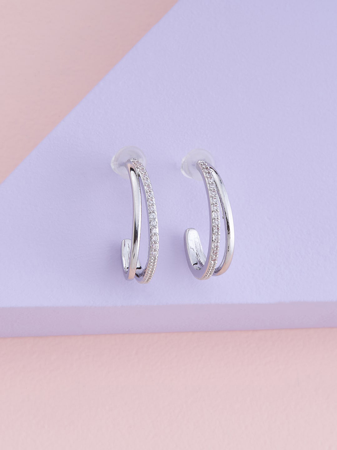 

Kushal's Fashion Jewellery Rhodium-Plated Circular Half Hoop Earrings, White