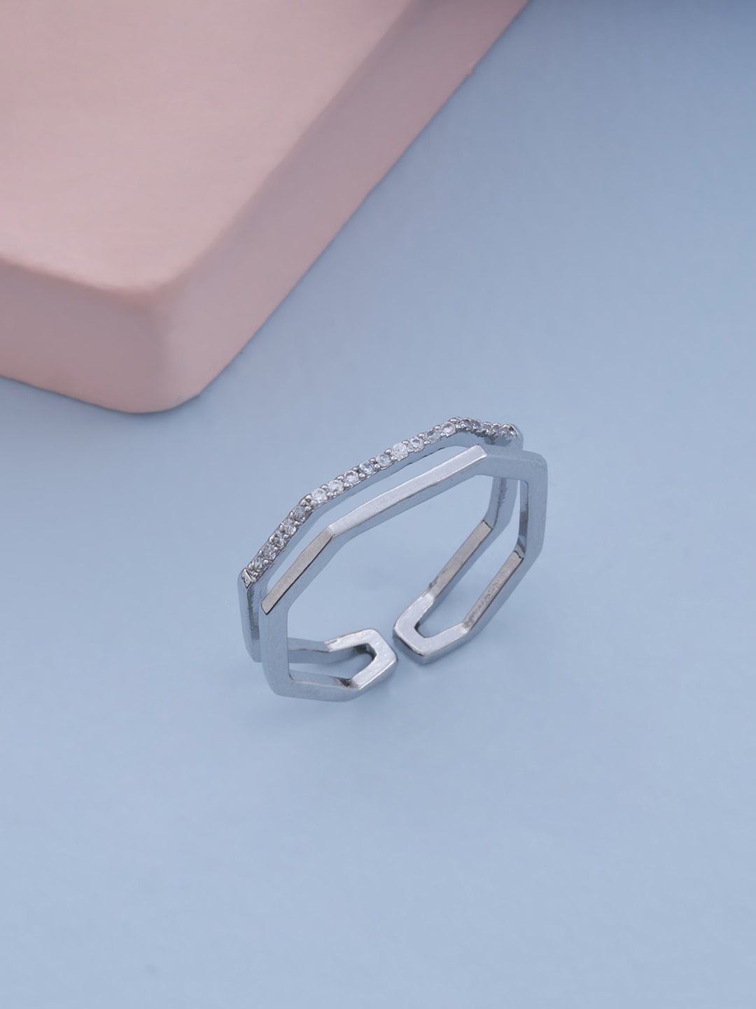

Kushal's Fashion Jewellery Rhodium-Plated CZ-Studded Adjustable Finger Ring, Silver