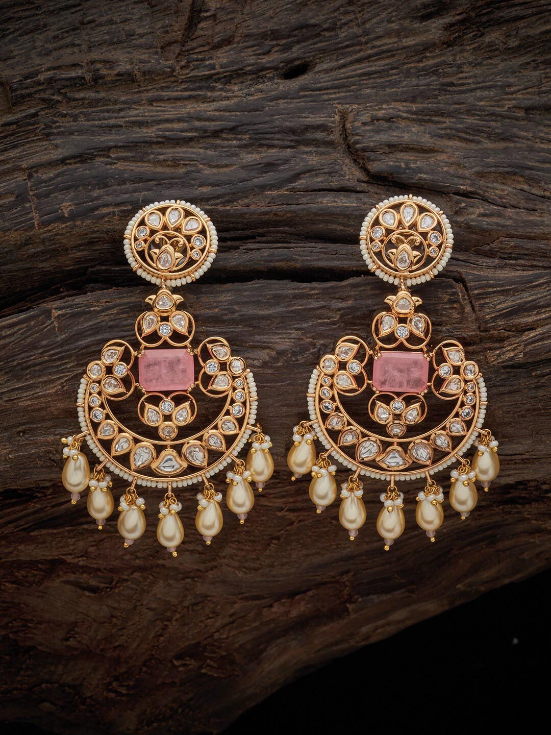 

Kushal's Fashion Jewellery Women Gold-Plated Crescent Shaped Chandbali Earrings, Pink