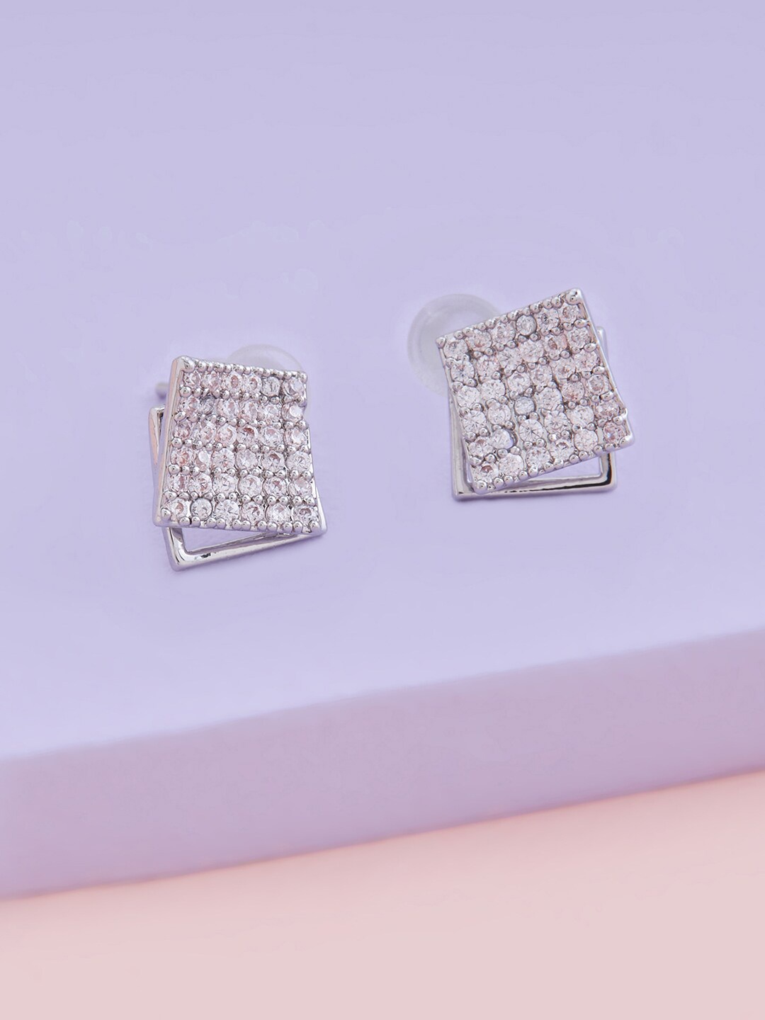 

Kushal's Fashion Jewellery Rhodium Plated Square Studs Earrings, White