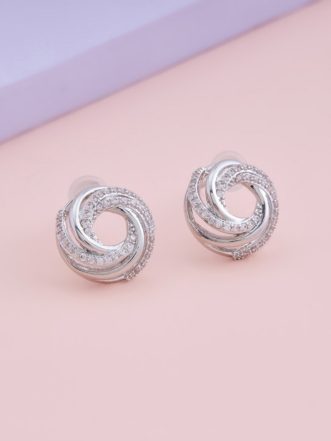 

Kushal's Fashion Jewellery Rhodium Plated CZ Studded Circular Studs Earrings, White