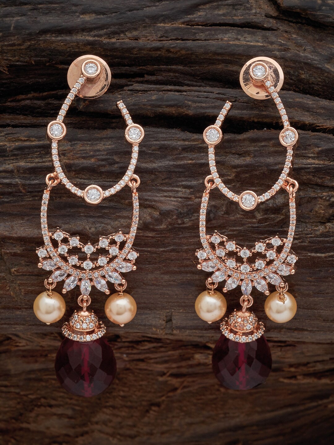

Kushal's Fashion Jewellery Rose Gold Plated Floral CZ Studded Drop Earrings, Red