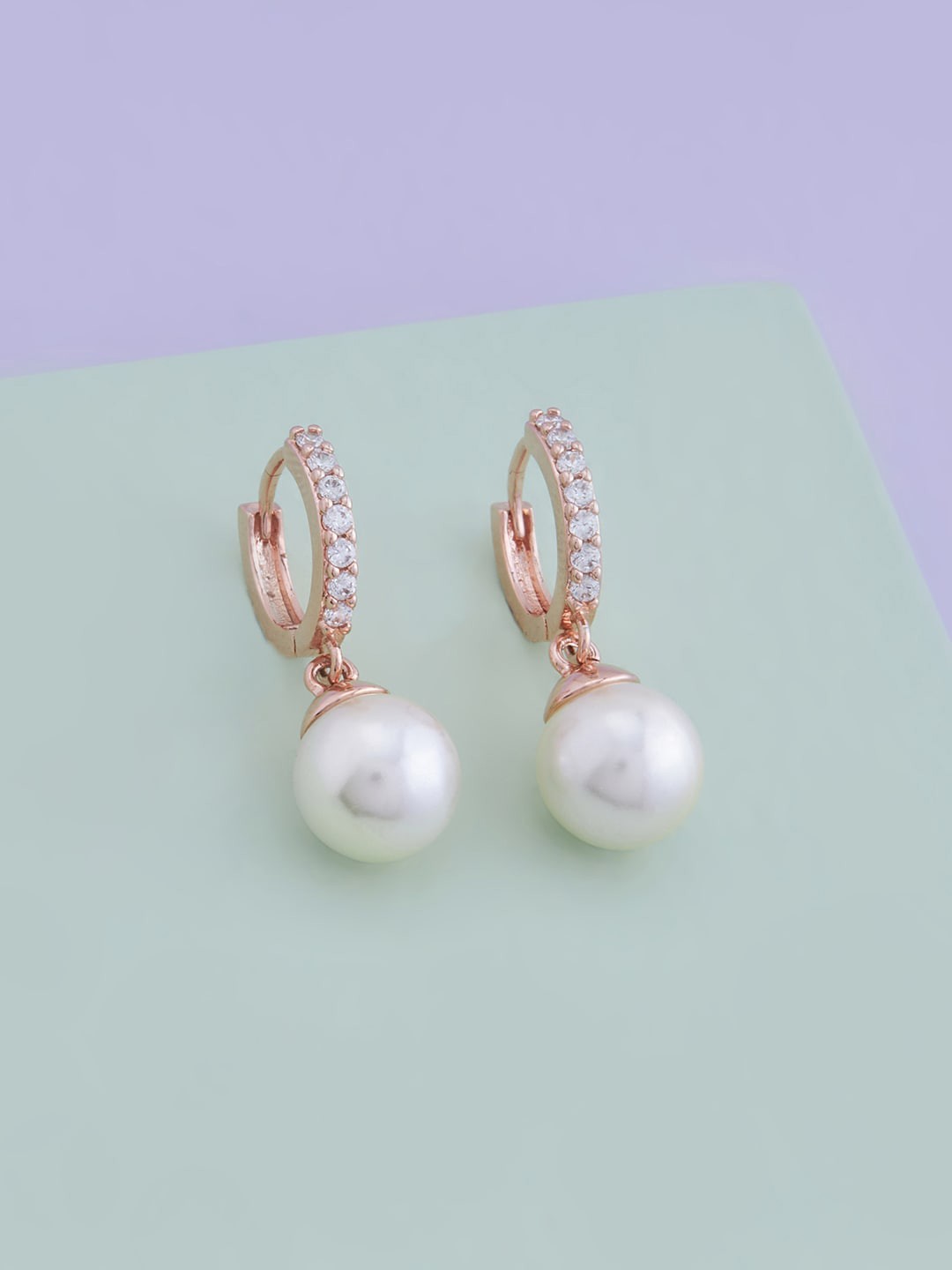 

Kushal's Fashion Jewellery Rose Gold Plated CZ Studded Spherical Drop Earrings, White