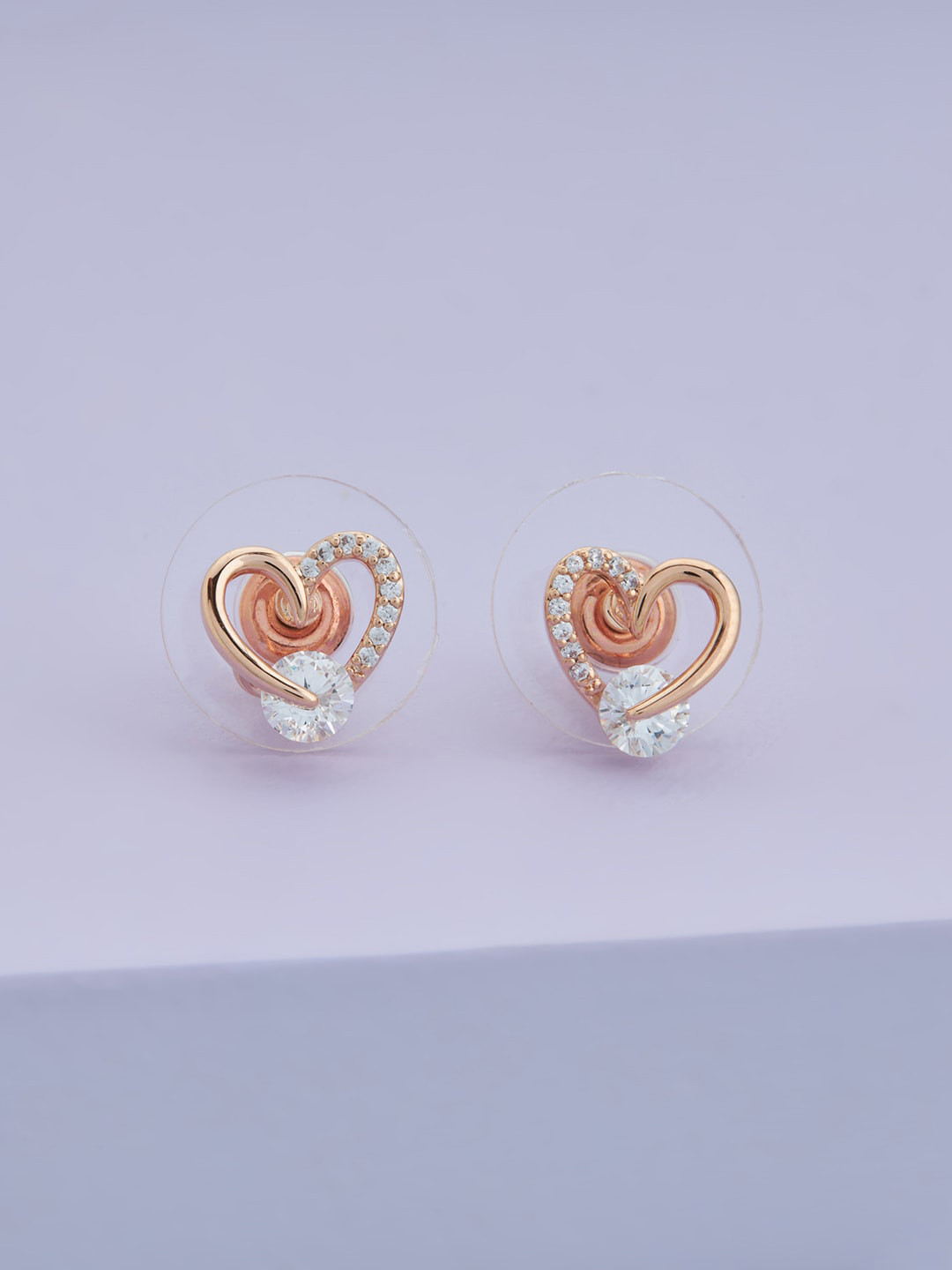 

Kushal's Fashion Jewellery Rose Gold Plated Heart Shaped CZ Studded Studs Earrings, White