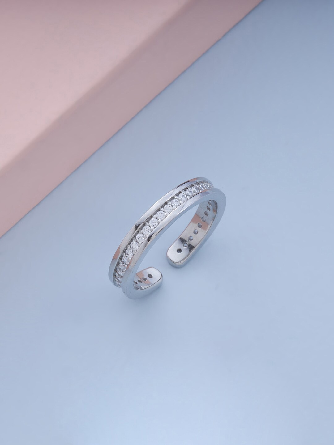 

Kushal's Fashion Jewellery Rhodium-Plated Cubic Zirconia Studded Copper Finger Ring, Silver