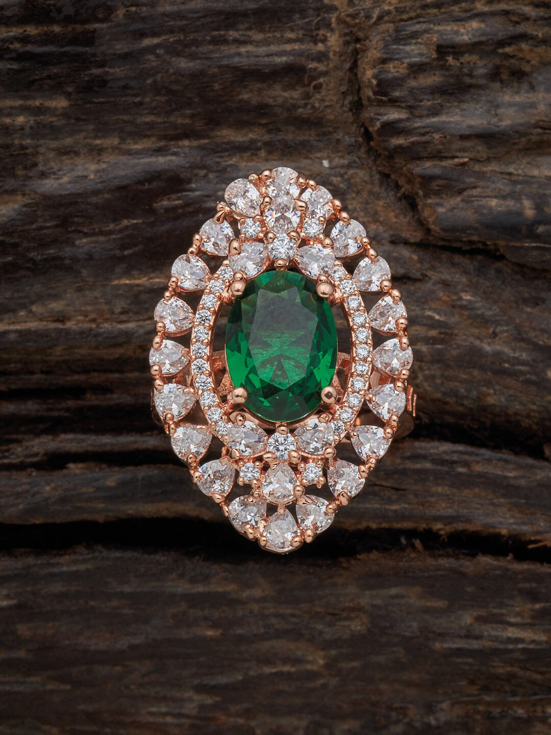 

Kushal's Fashion Jewellery Rose Gold-Plated Cubic Zirconia Studded Copper Finger Ring, Green