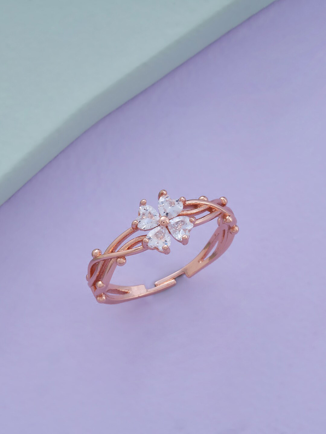 

Kushal's Fashion Jewellery Rose Gold-Plated CZ Studded Adjustable Finger Ring