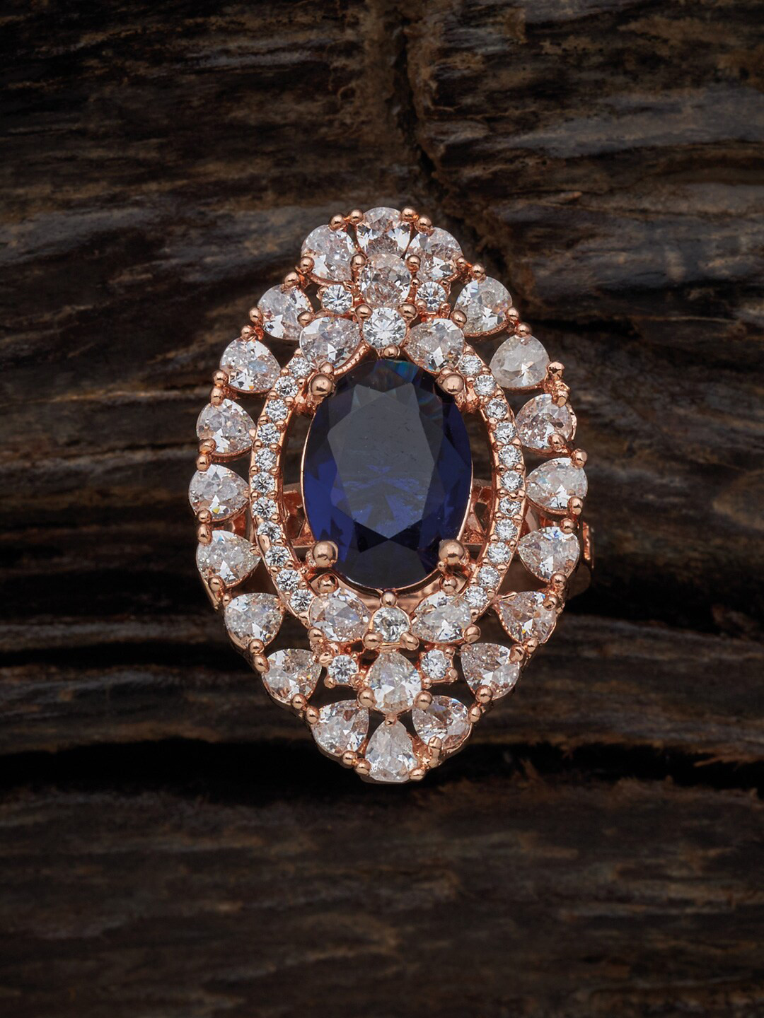 

Kushal's Fashion Jewellery Rose Gold-Plated CZ Studded Adjustable Finger Ring, Blue