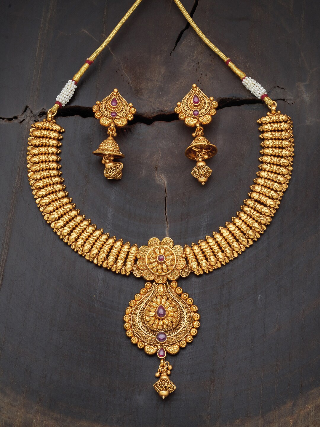 

Kushal's Fashion Jewellery Gold-Plated Stone-Studded Antique Jewellery Set, Pink