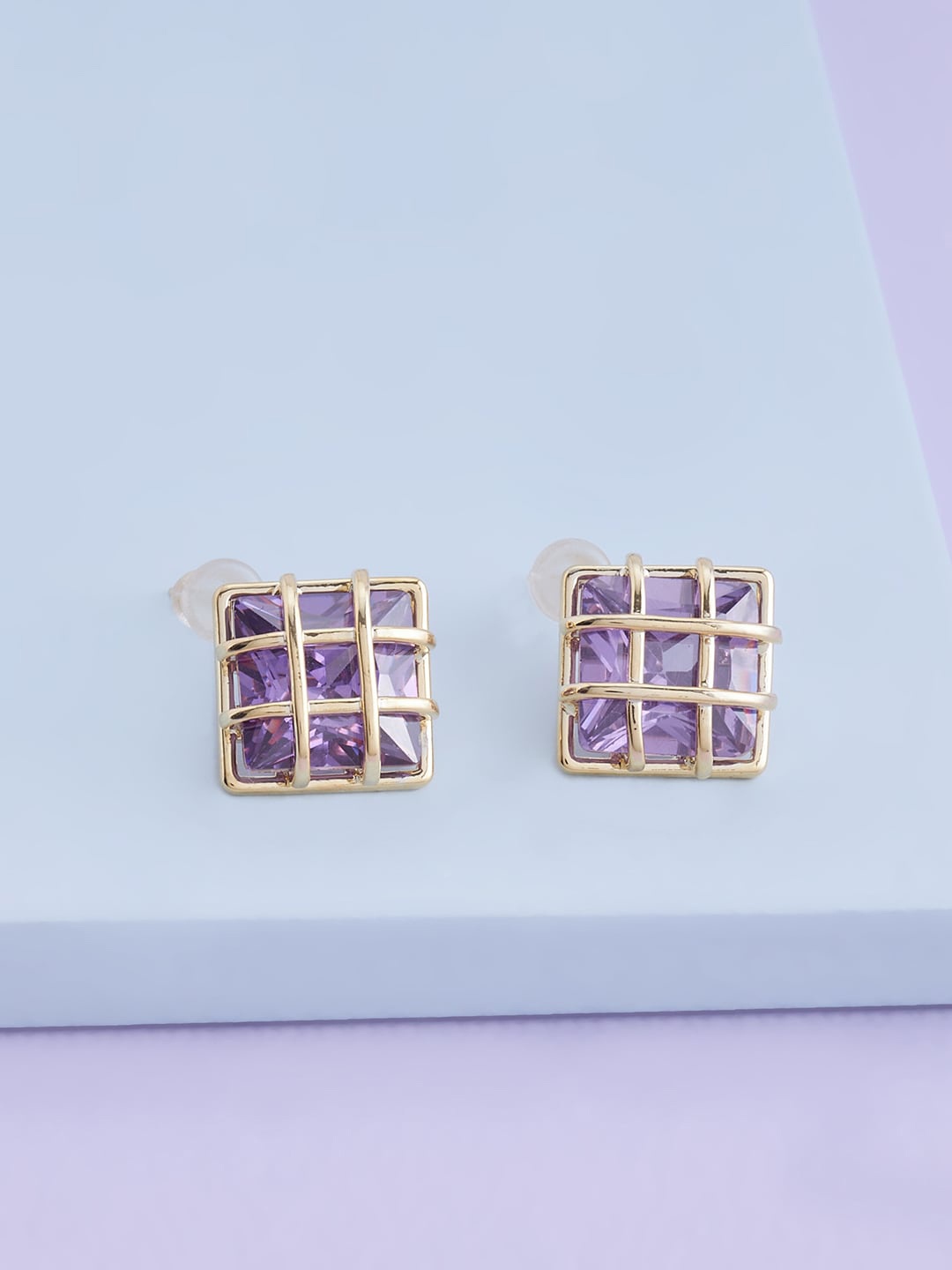 

Kushal's Fashion Jewellery Gold-Plated Square Cubic Zirconia Studs Earrings, Lavender