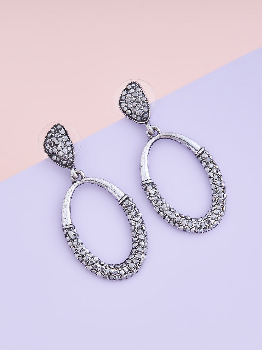 

Kushal's Fashion Jewellery Rhodium-Plated Cubic Zirconia Oval Drop Earrings, Grey