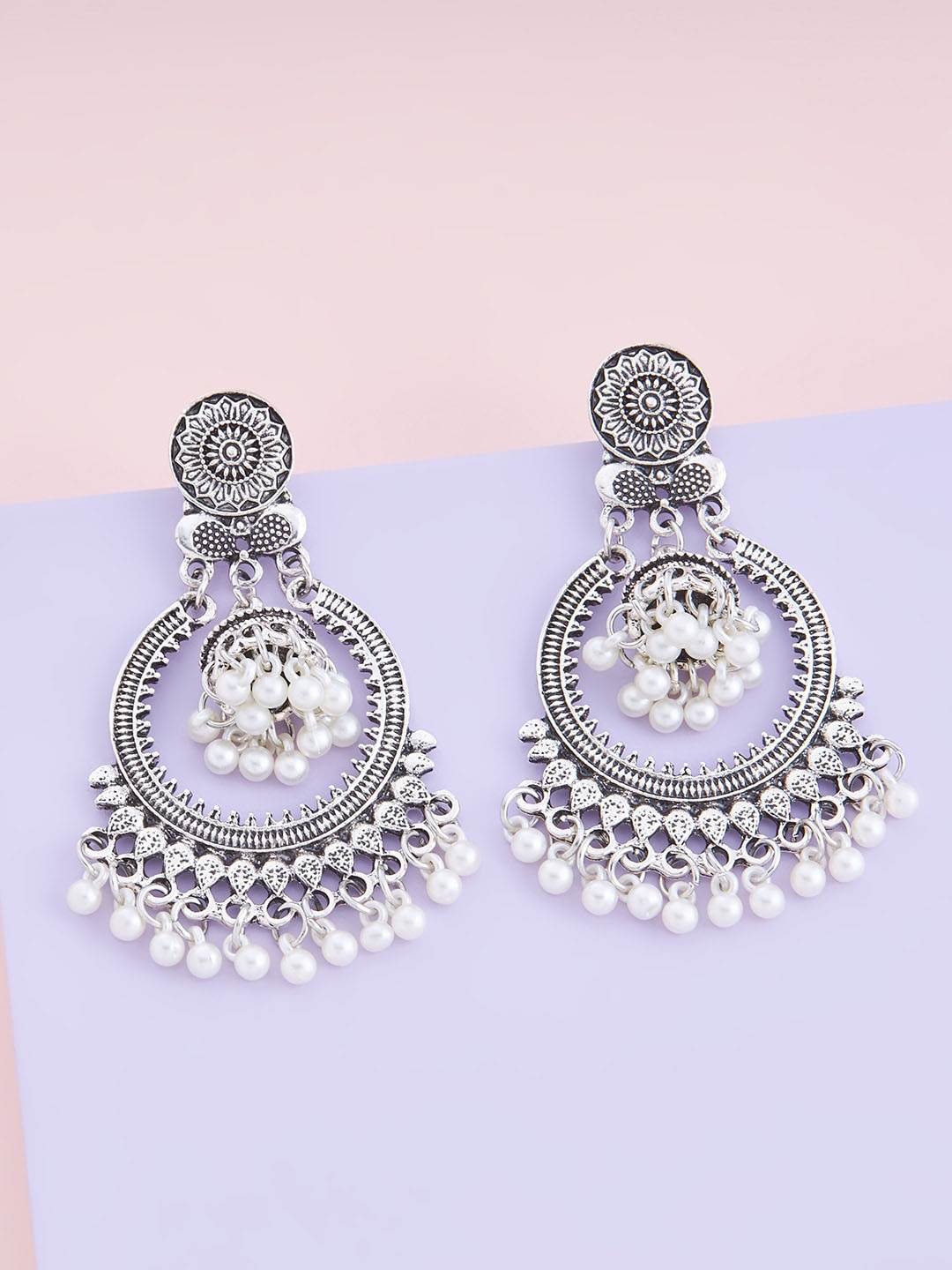 

Kushal's Fashion Jewellery Oxidised Crescent Shaped Chandbalis Earrings, White