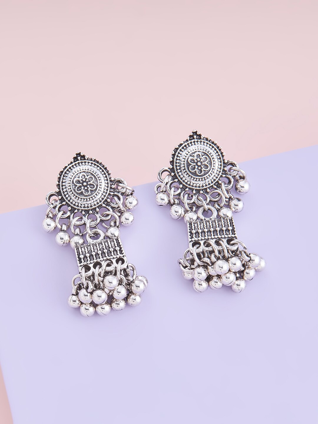 

Kushal's Fashion Jewellery Rhodium-Plated Dome Shaped Oxidised Jhumkas, White
