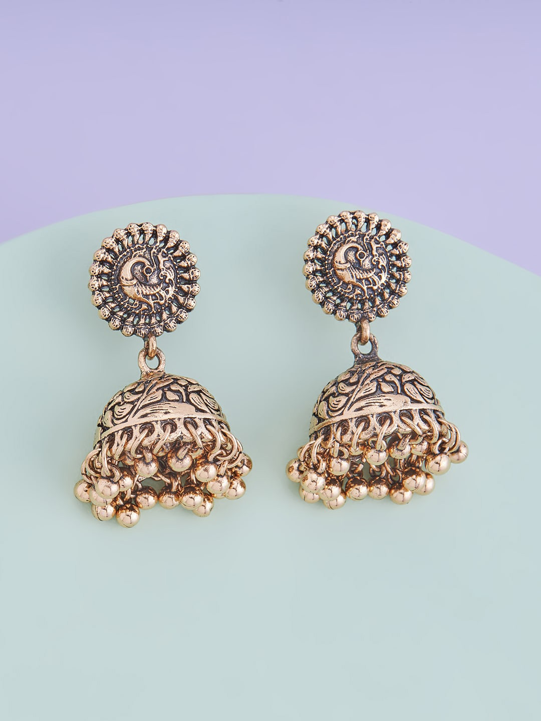 

Kushal's Fashion Jewellery Gold-Plated Peacock Shaped Jhumkas Earrings