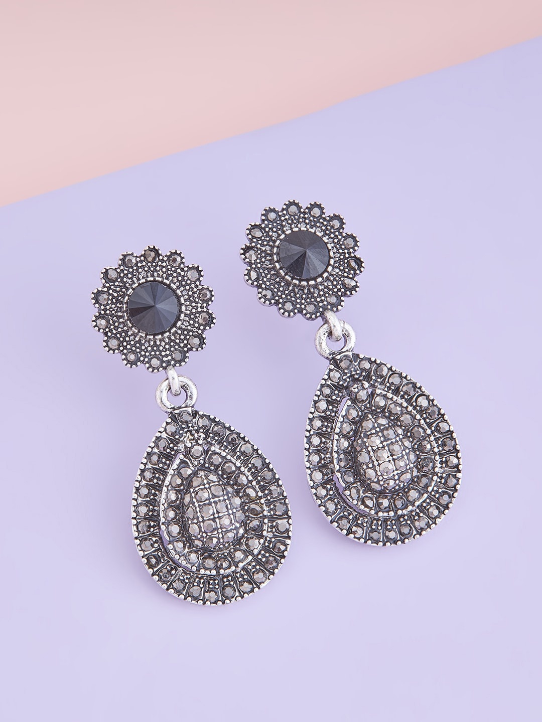 

Kushal's Fashion Jewellery Rhodium-Plated Teardrop Shaped Drop Earrings, Black