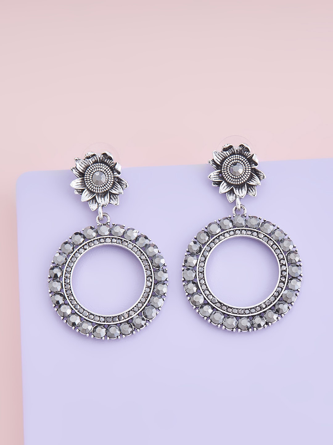 

Kushal's Fashion Jewellery Rhodium-Plated Oxidised Circular Drop Earrings, Grey