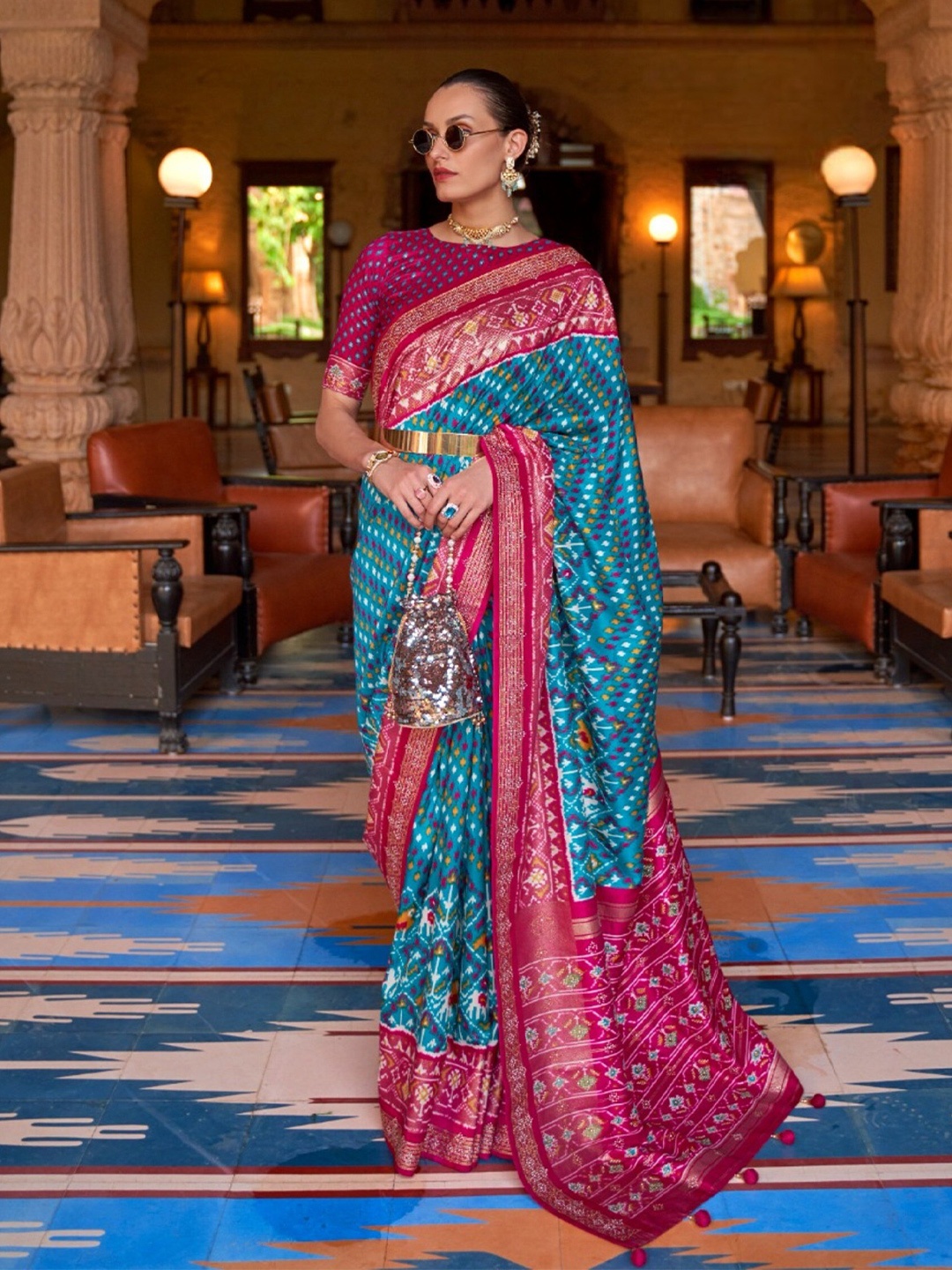

Mitera Ethnic Motifs Printed Silk Blend Patola Saree With Blouse Piece, Blue