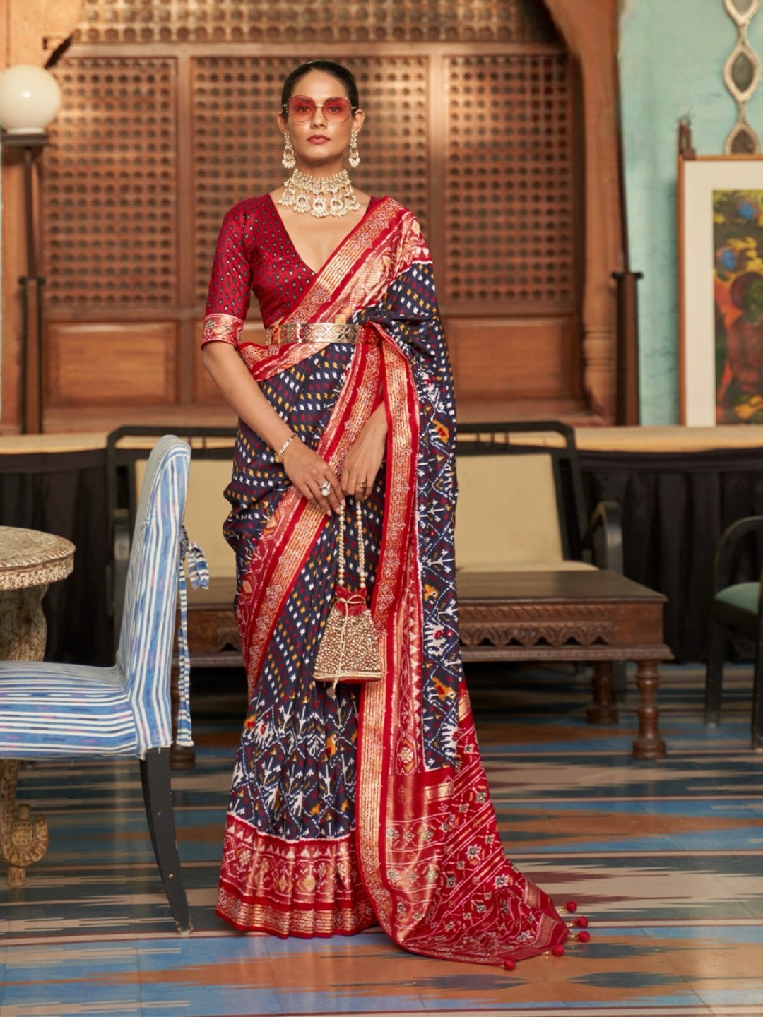

Mitera Ethnic Motifs Patola Saree, Navy blue