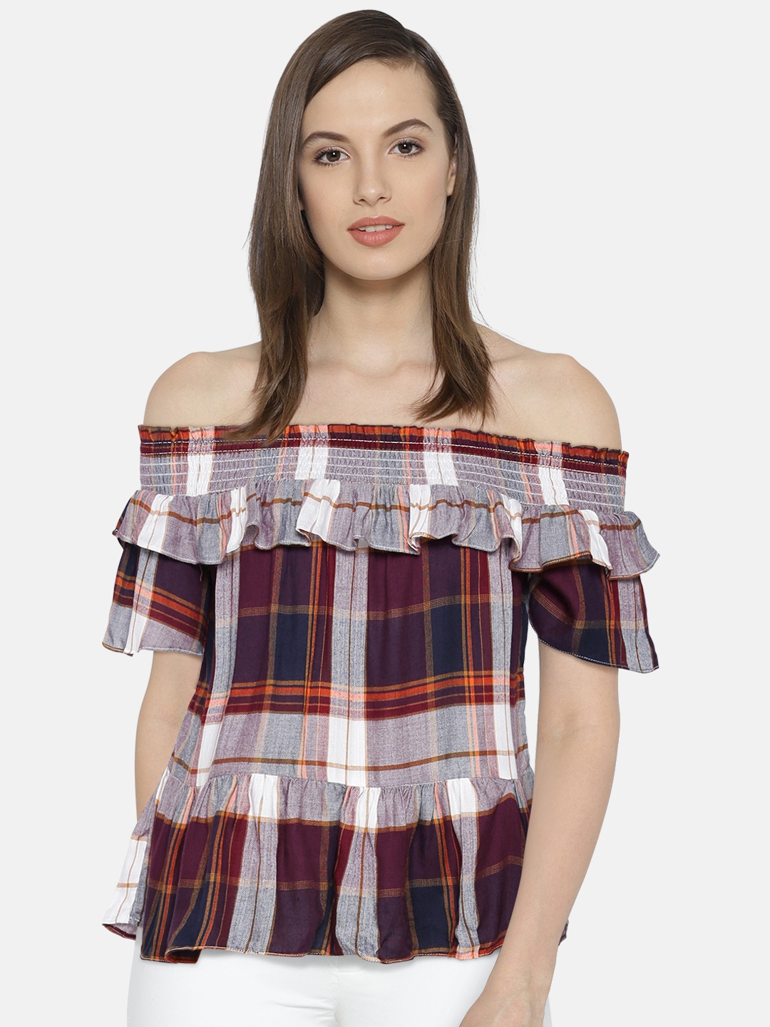 

ONLY Women Burgundy & White Checked Top