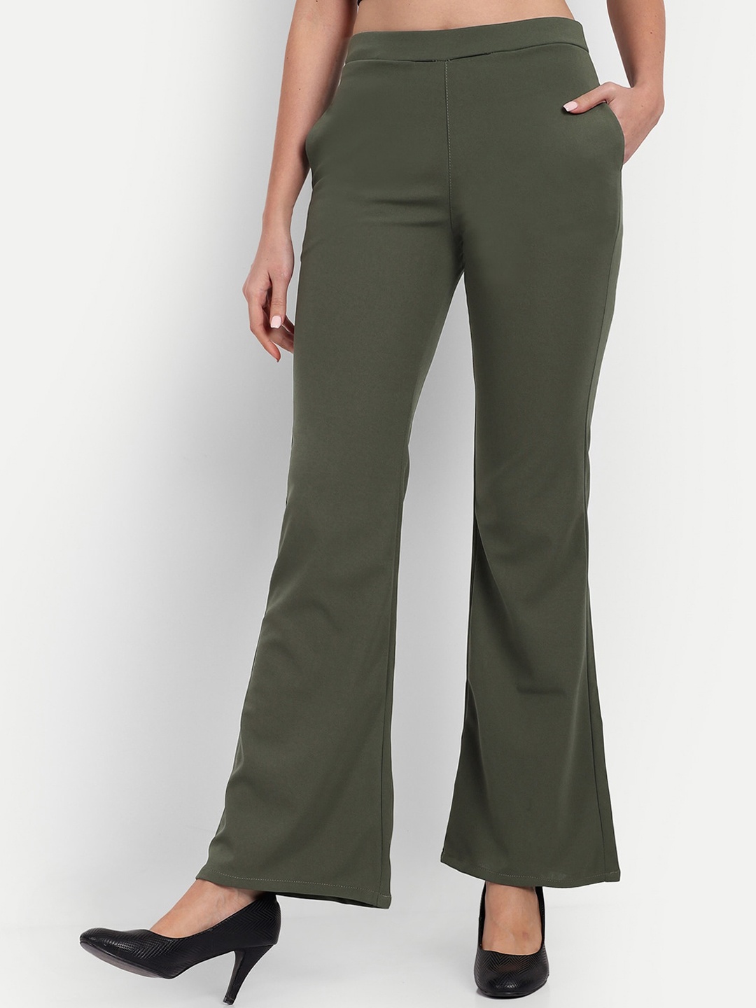 

BROADSTAR Women Relaxed Flared High-Rise Non Iron Trousers, Olive