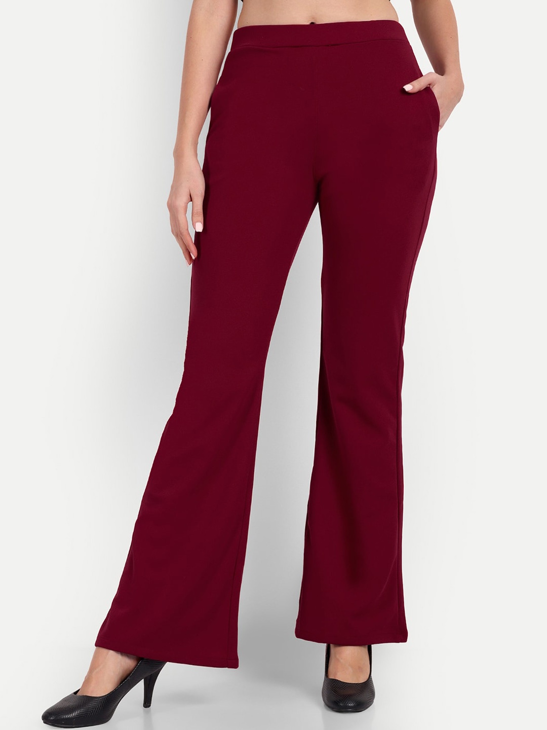 

BROADSTAR Women Relaxed Flared High-Rise Non Iron Trousers, Maroon