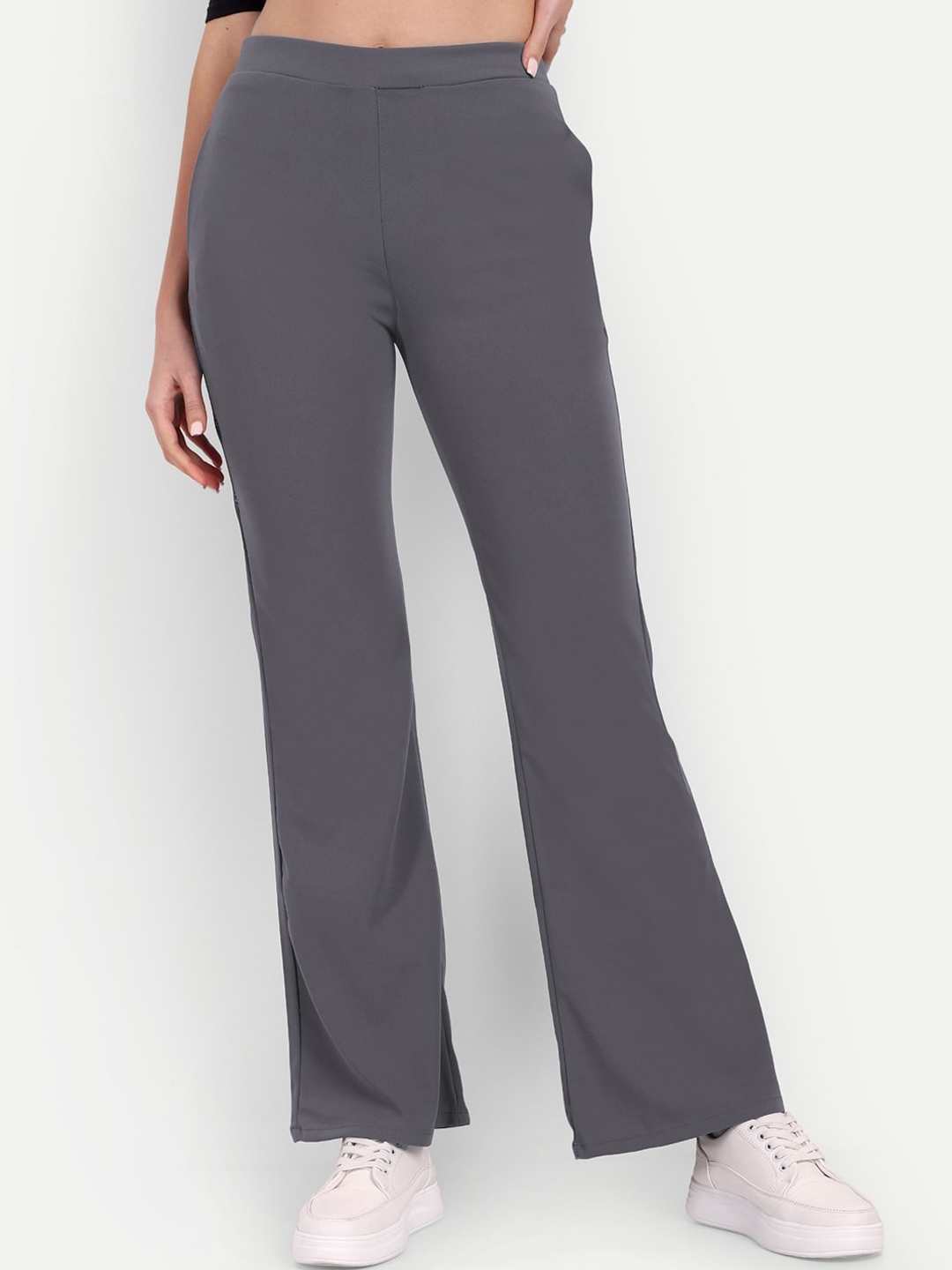 

BROADSTAR Women Relaxed Flared High-Rise Bootcut Trousers, Grey