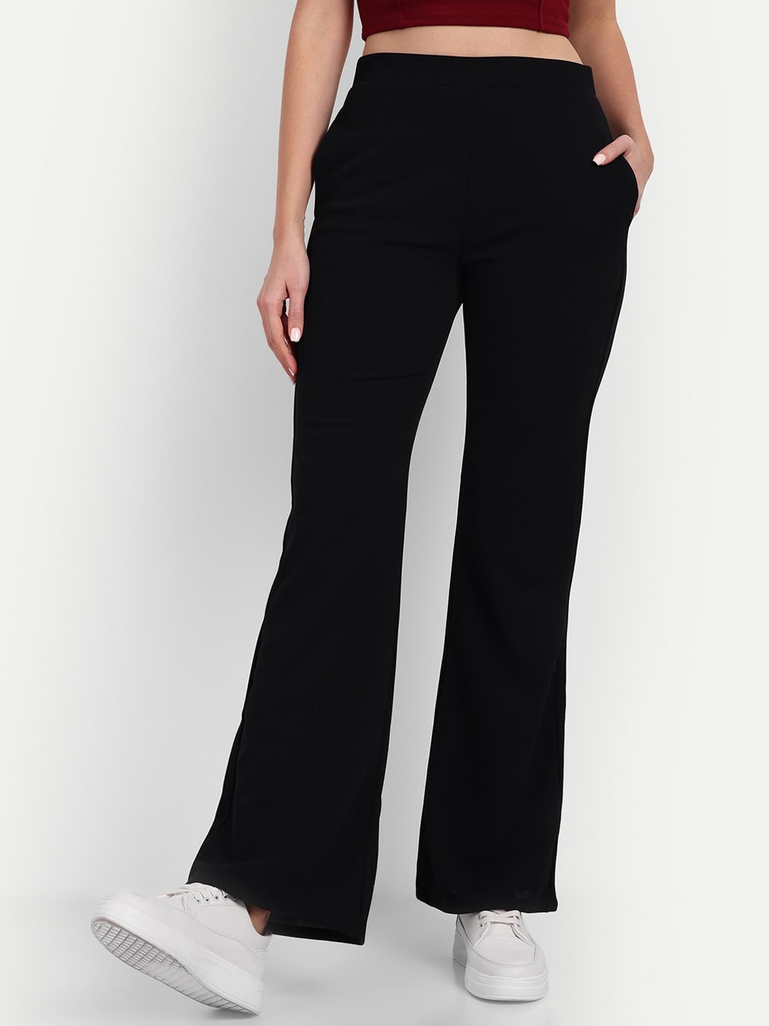 

BROADSTAR Women Relaxed Flared High-Rise Non Iron Bootcut Trousers, Black