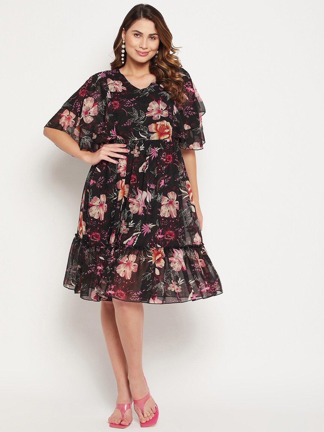 

Bitterlime Floral Printed V Neck Fit & Flare Georgette Dress, Black