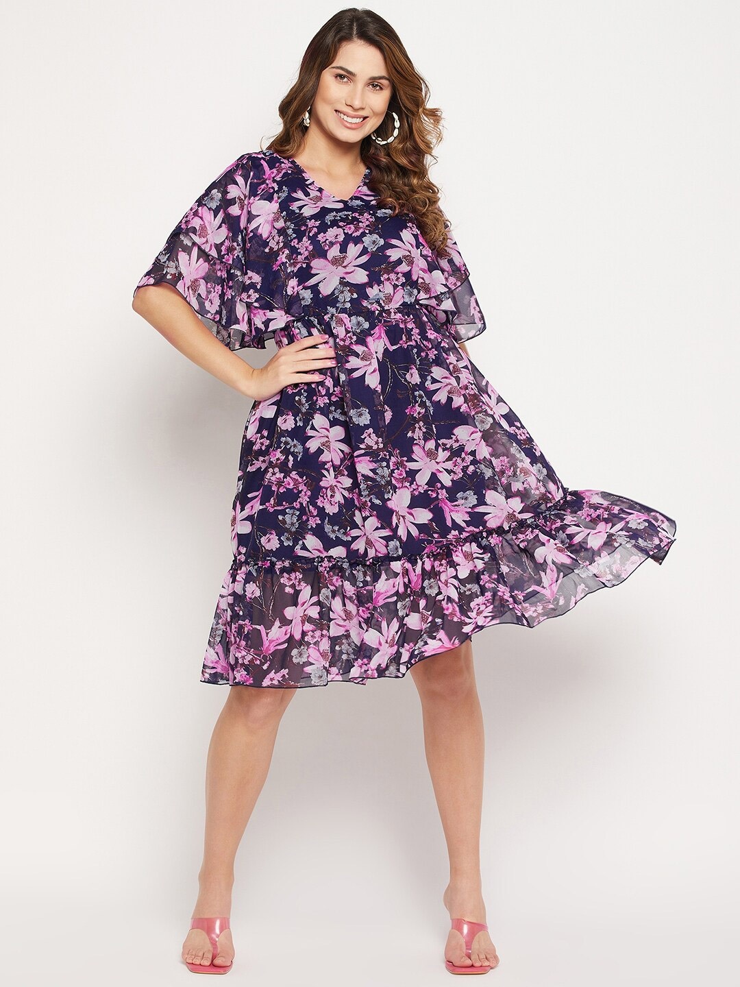 

Bitterlime Floral Printed V Neck Fit & Flare Georgette Dress, Navy blue