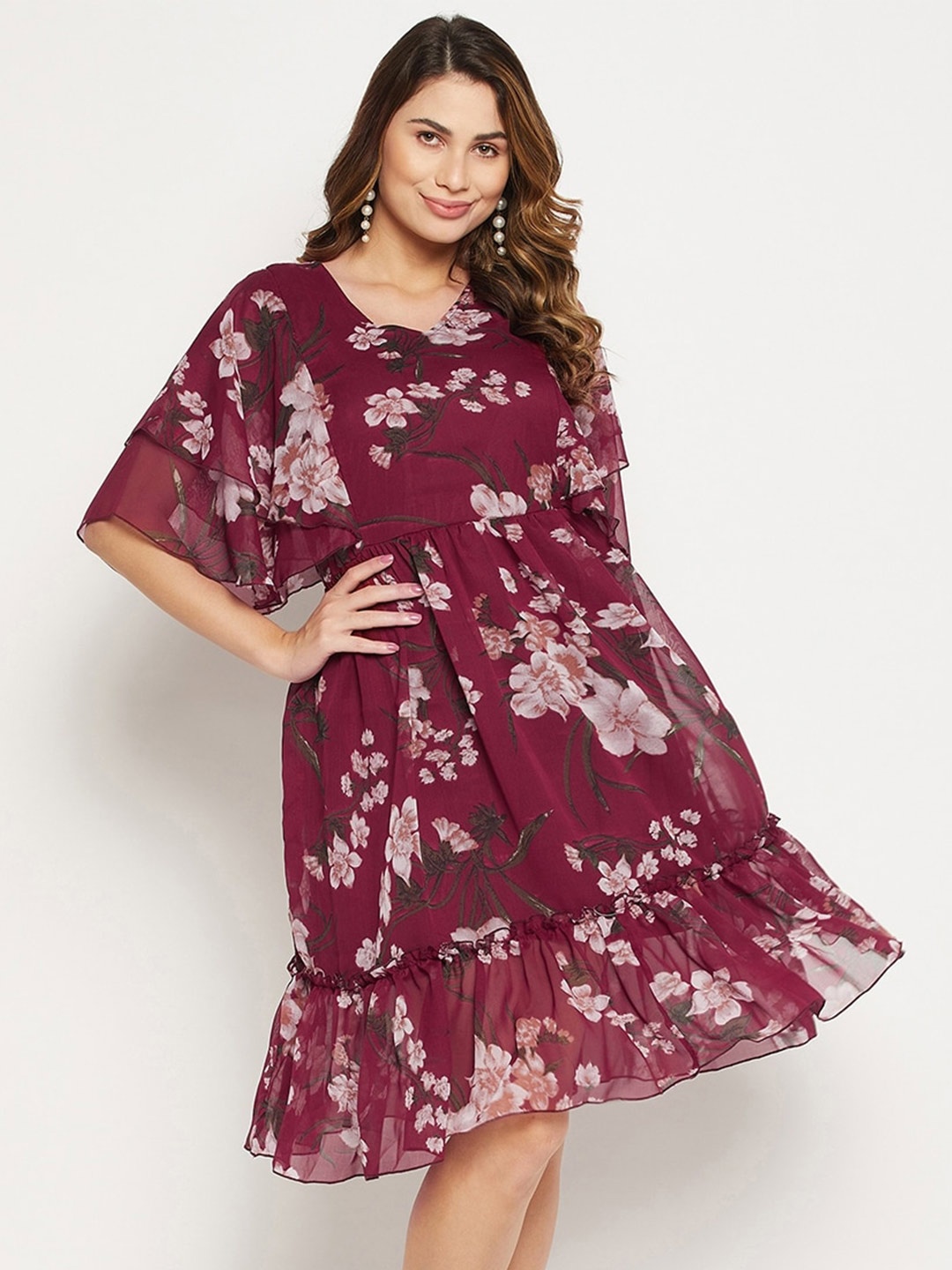 

Bitterlime Floral Printed V Neck Fit And Flare Dress, Maroon