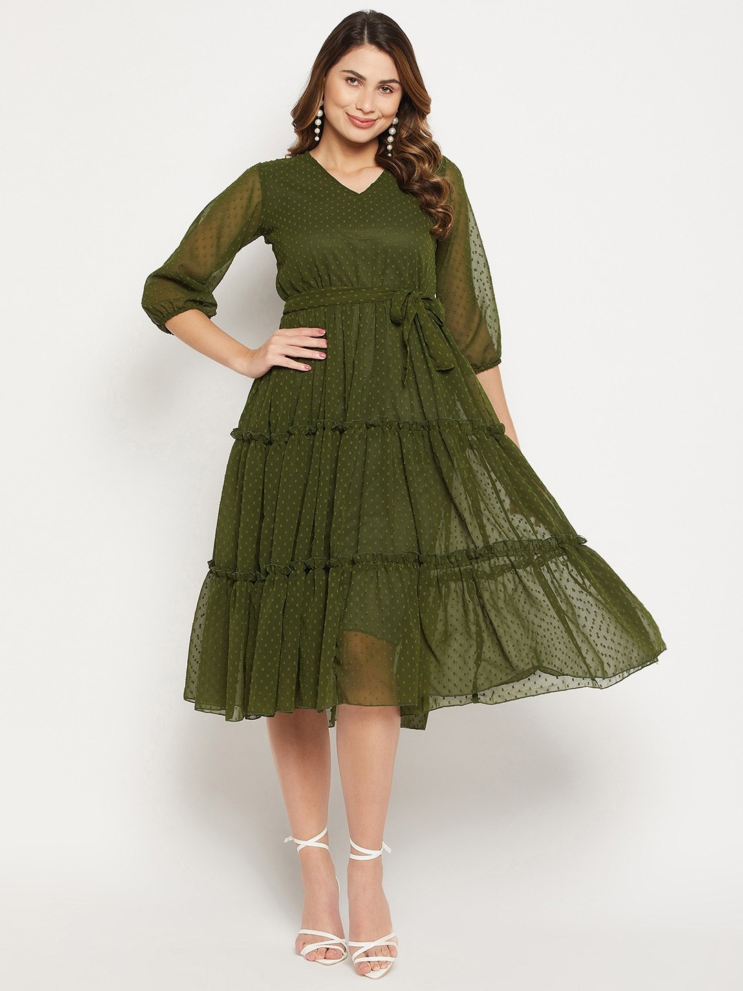 

Bitterlime Self Design V Neck Tiered Fit And Flare Dress, Olive
