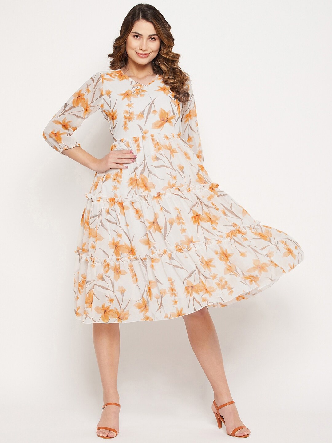 

Bitterlime Floral Georgette A-Line Dress, White